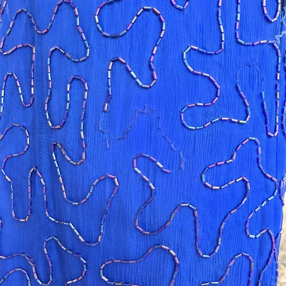 Vintage SWEELO Silk Beaded Blue Cocktail Dress 80s Art Deco Sheath M - Picture 8 of 16